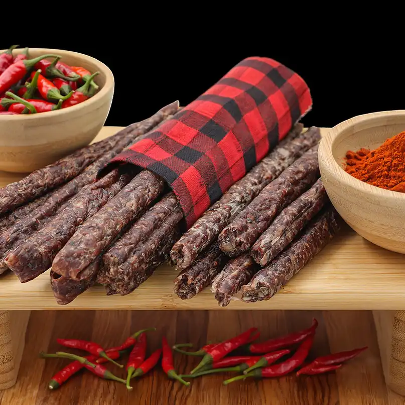 Coils of spicy beef chilli droëwors (dried sausage) hanging in the butcher shop.